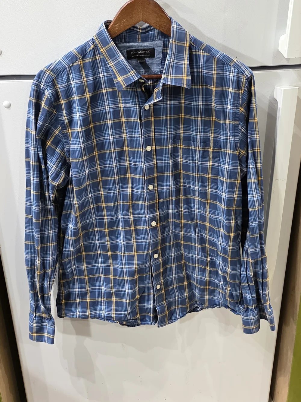 Banana Republic Blue Plaid Button-Down Shirt with Yellow Accents